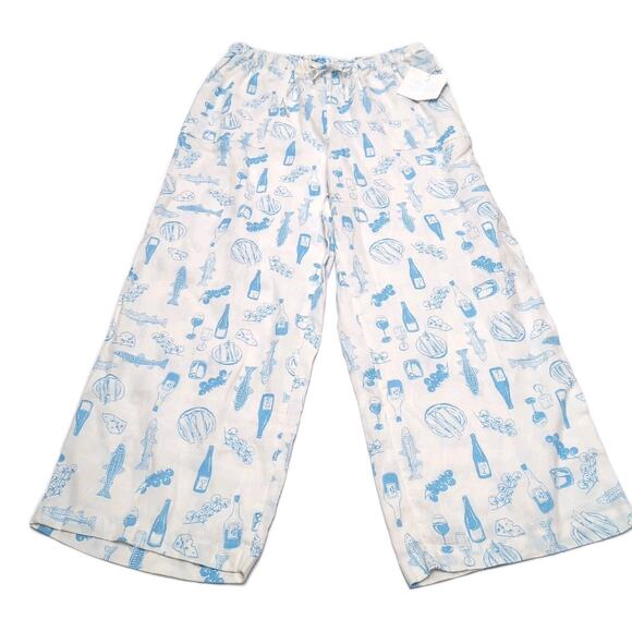 Cynthia Rowley Beach Pants Womens L White Blue Print Linen Wide Leg NEW NWT READ - Picture 1 of 16